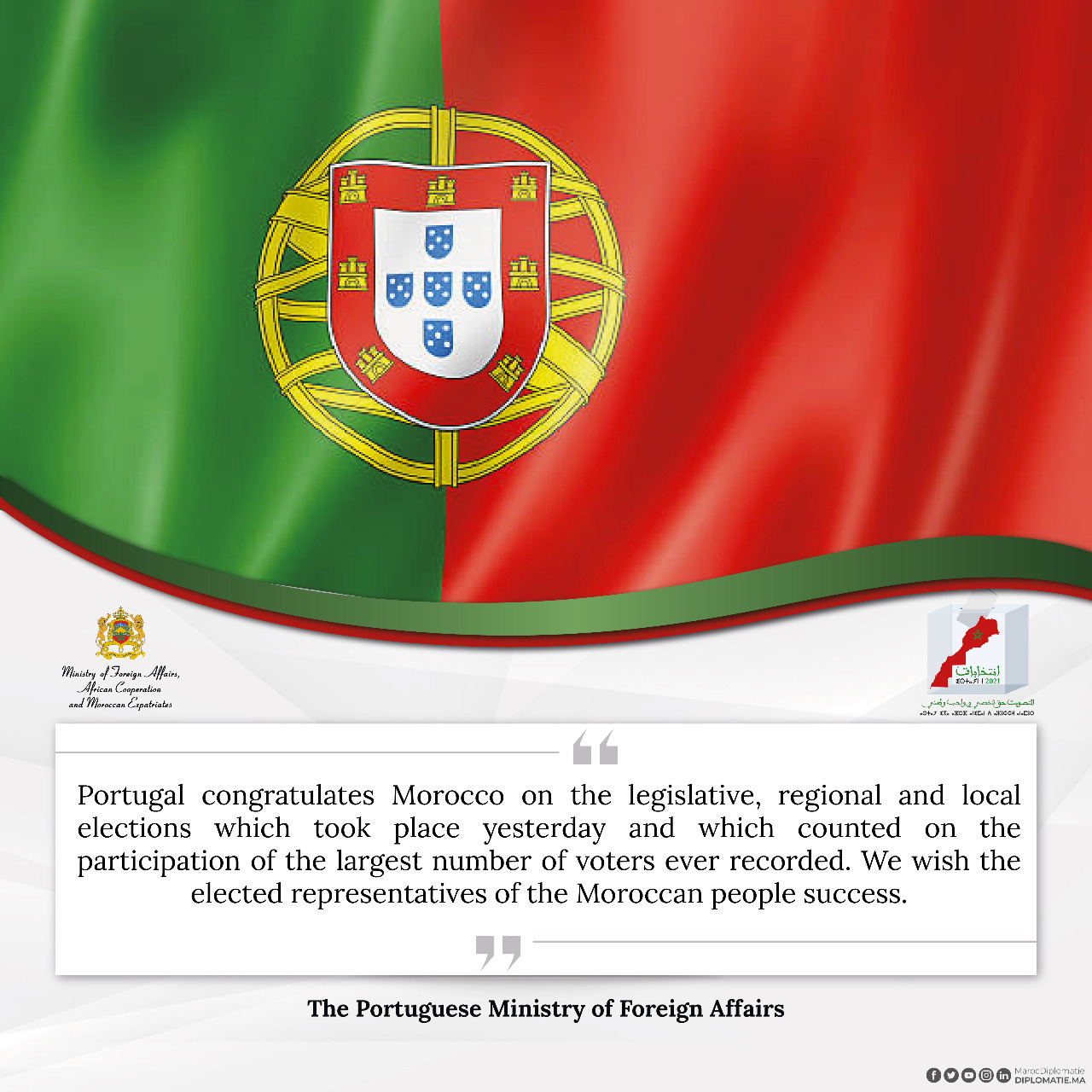 Portugal congratulates Morocco on legislative, regional and local elections in 2021